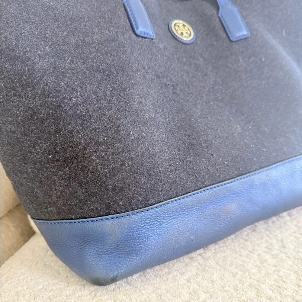 Tory Burch Emma Gray Wool & Metallic Blue Leather Tote‎ Bag